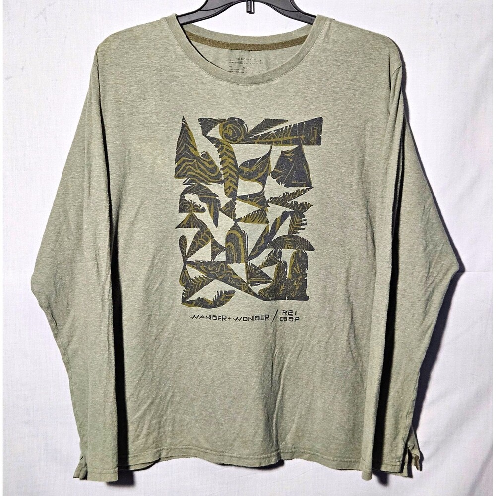 REI Co-op T Shirt Hemp Cotton Graphic Tee Mens XL Olive Green Wander Wonder LS